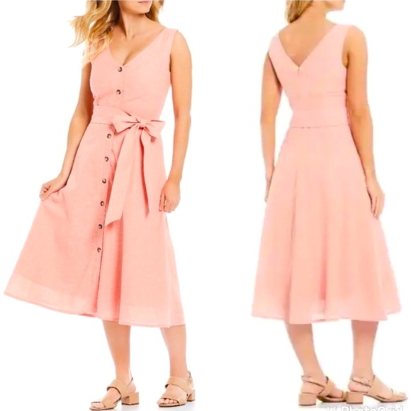 Alex Marie Dresses & Skirts - Alex Marie Pink Linen Cotton Blend Tie Waist Pinafore Apron A-Line Midi Dress